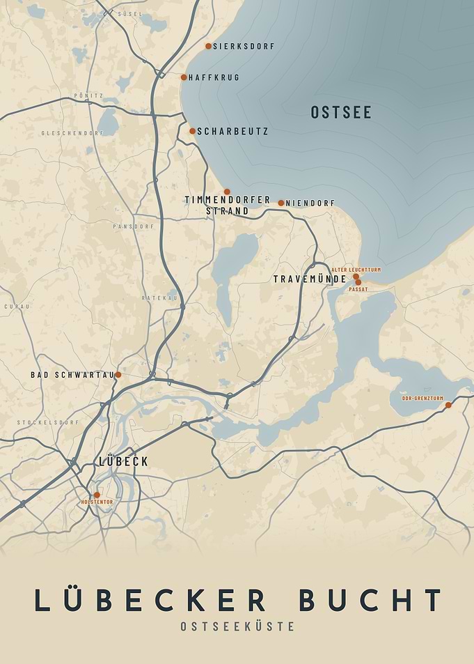Lübecker Bucht Vintage Map | Baltic Sea Coast Germany