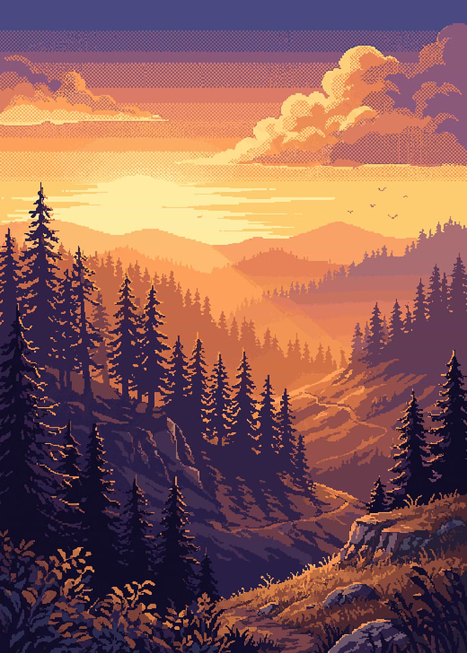 Pixel Art Sunset Mountain Forest