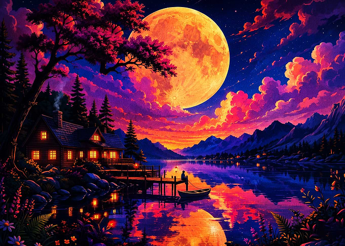 Neon Moonlit Cabin Wilderness Art