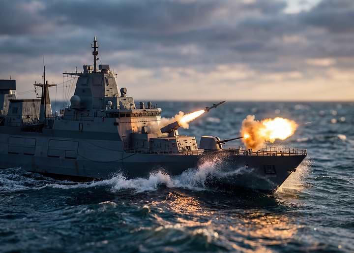 Warship Firing Missiles at Sea