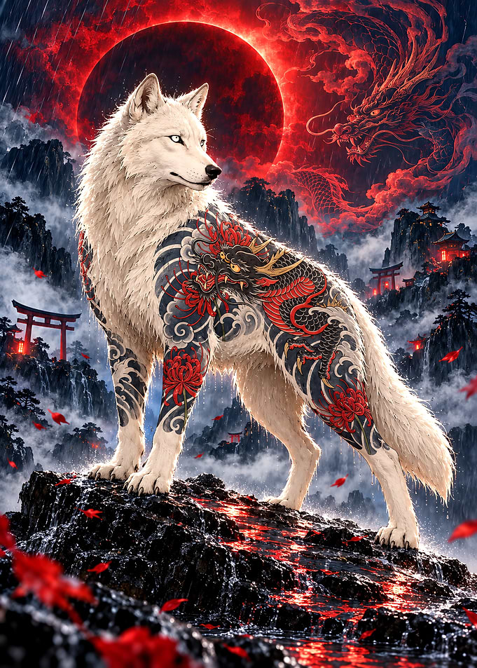 White Wolf with Japanese Dragon Tattoo