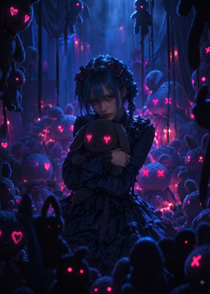 Gothic Girl with Glowing Bunny Plushies