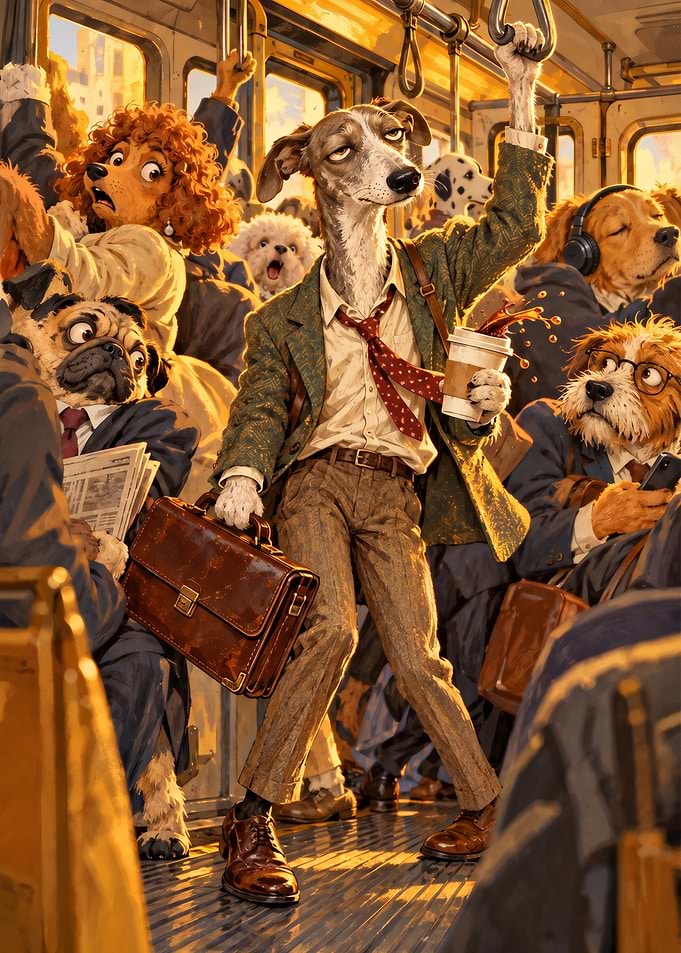 Anthropomorphic Dogs Commuting on Train