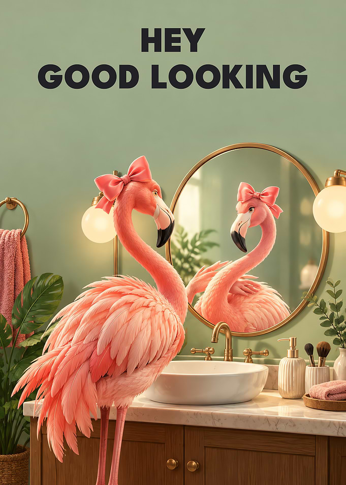 Hey Good Looking Flamingo Mirror Funny Bathroom Art