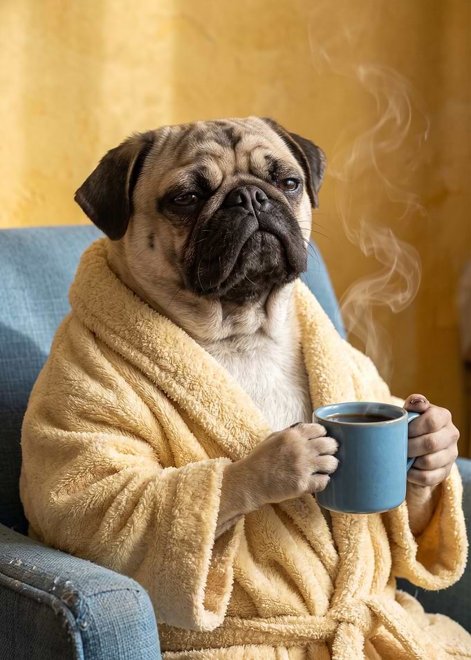 Pug in Robe Drinking Coffee