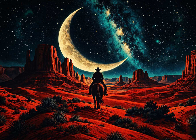 Cowboy Desert Night Crescent Moon A