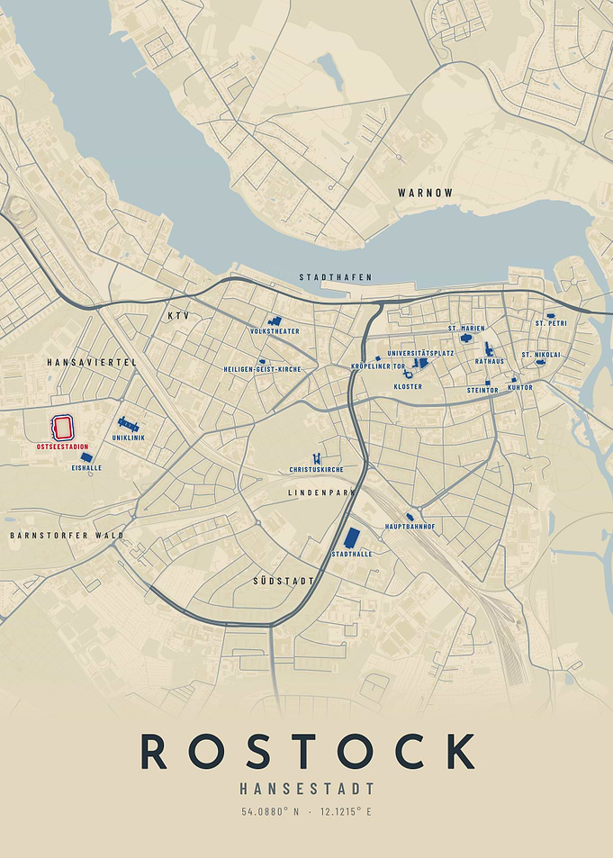 Rostock Germany City Map with Landmarks | Vintage