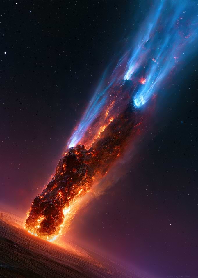 Fiery Meteor Impacting a Planet