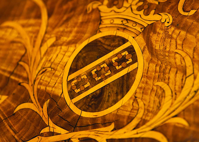 Intricate Wood Marquetry Coat of Arms