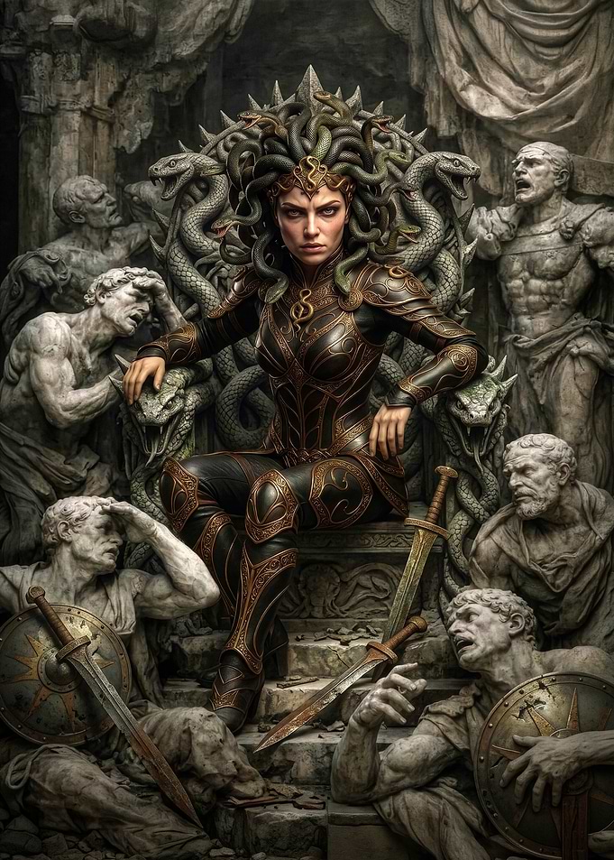 Medusa Queen on Stone Throne