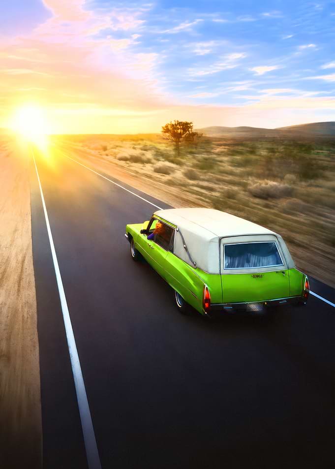 Lime Green Hearse on Desert Highway
