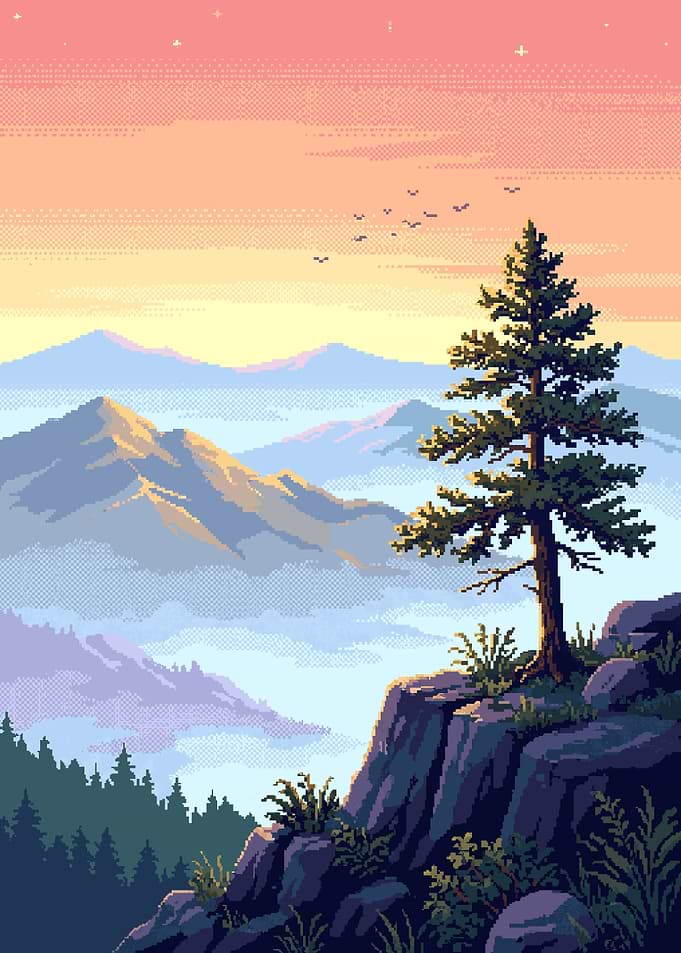 Pixel Art Mountain Sunset Landscape