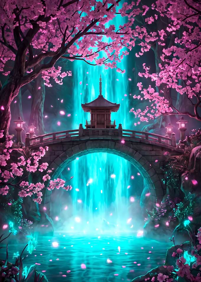 Pagoda Bridge with Glowing Waterfall