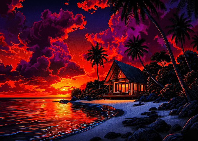 Neon Beach Sunset Tropical Art