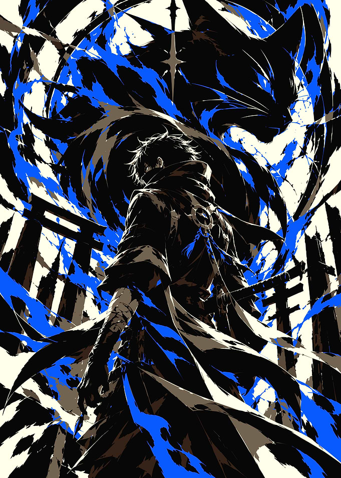 Anime Samurai with Blue Spirit Cat