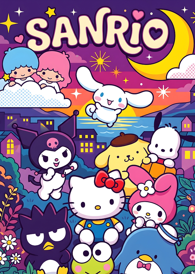 Sanrio Characters Group Sunset Illustration
