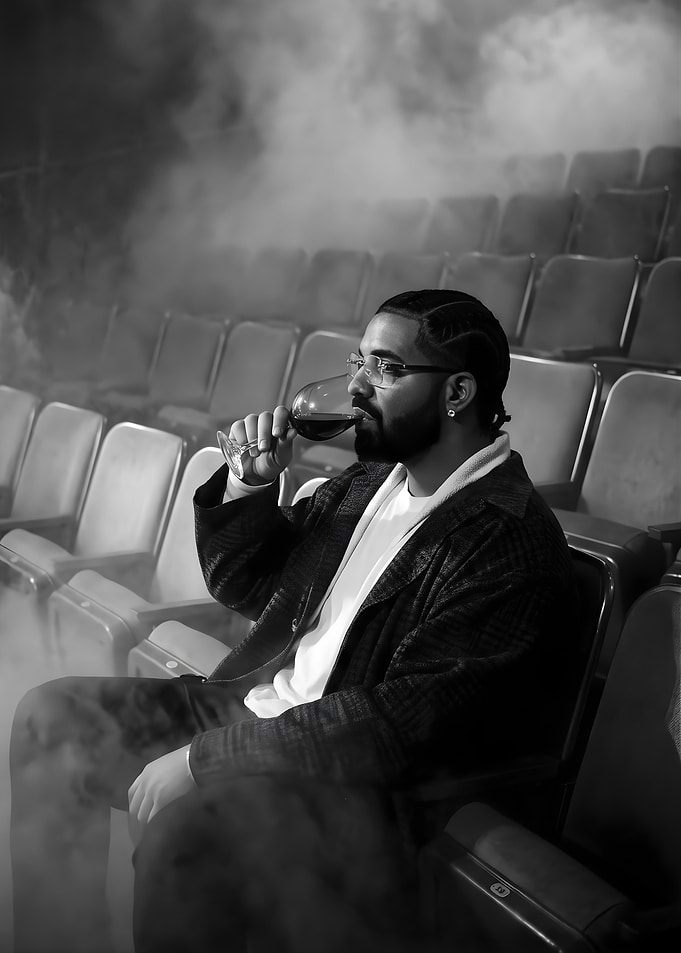 Drake drinking wine in theater