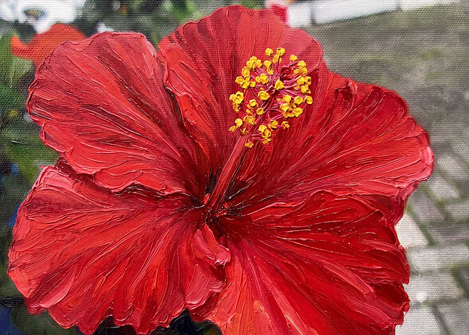 Vibrant Red Hibiscus Oil Painting