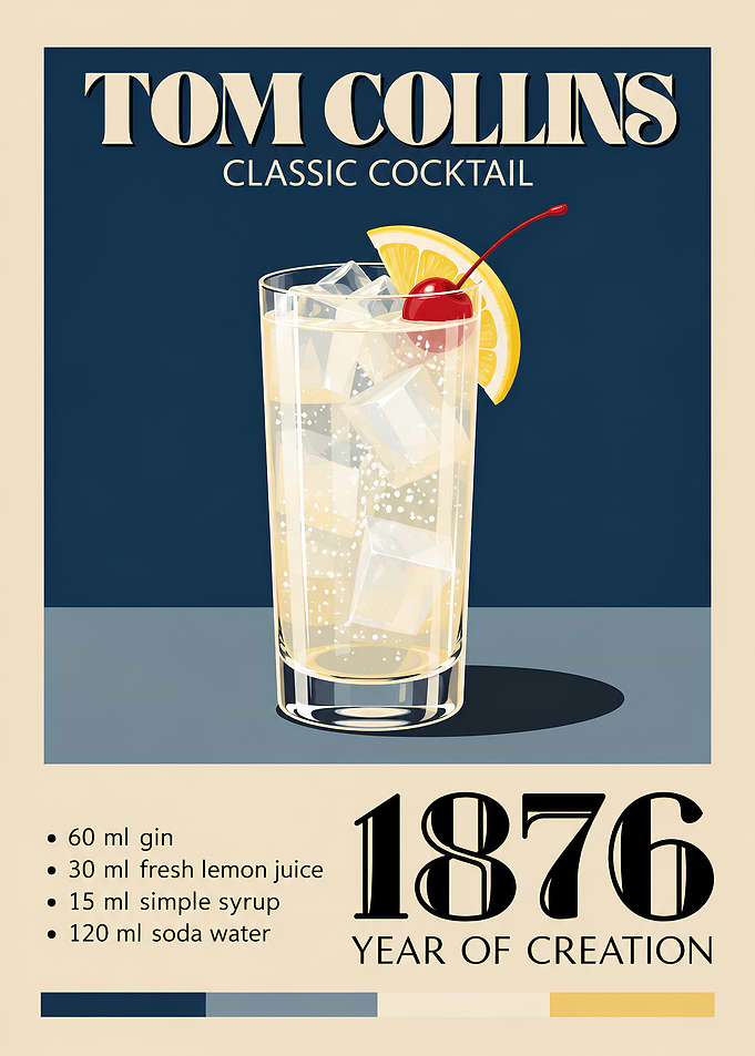 Tom Collins Cocktail Poster – Vintage Gin Bar Wall Art