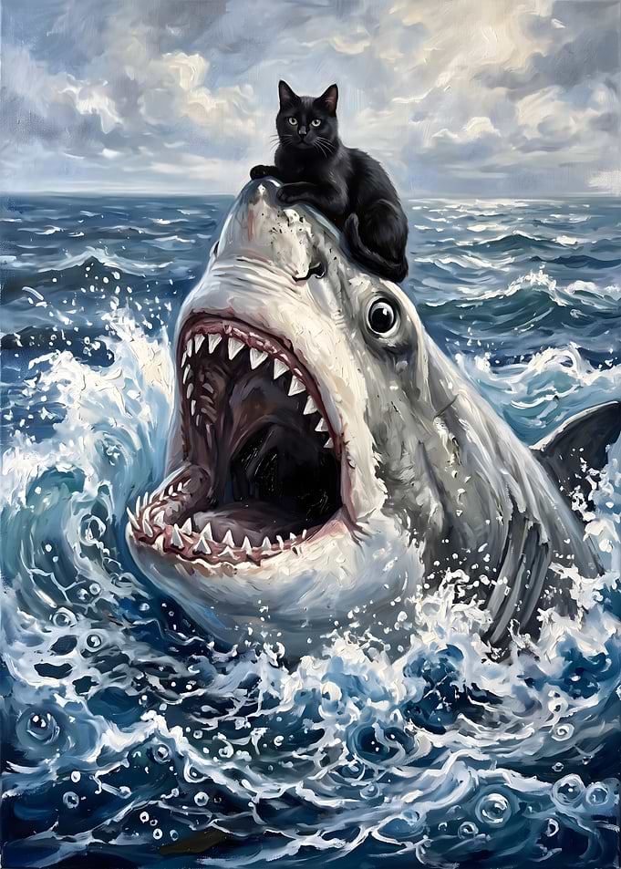 Black Cat Riding a Great White Shark