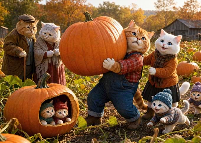 Anthropomorphic Cat Family Pumpkin Patch