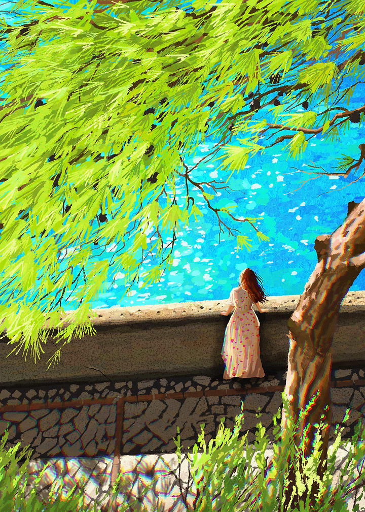 Woman looking at sparkling blue water