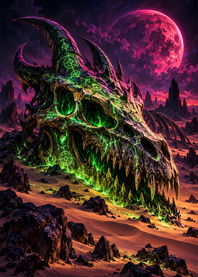 Dragon Skull Green Runes Desert Neon Art