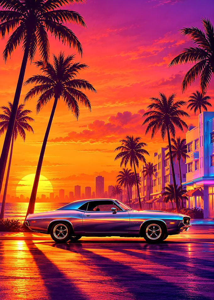 Retro Synthwave Muscle Car Sunset