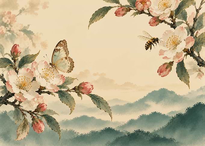 Butterfly and Bee Among Cherry Blossoms