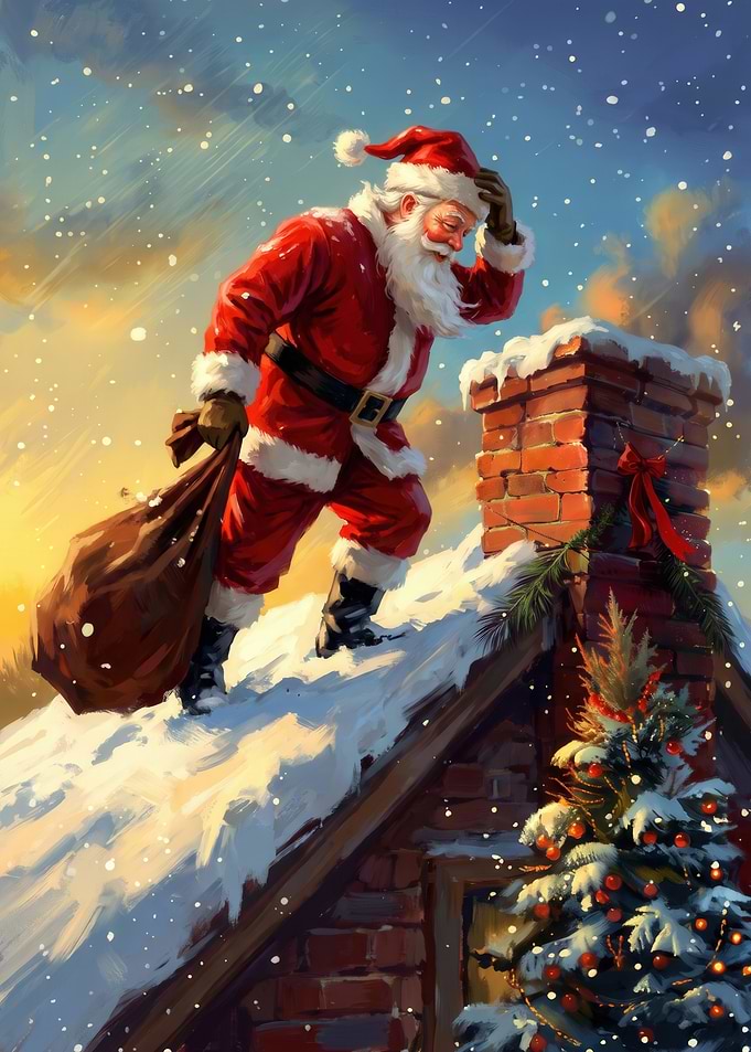 Santa Claus on Snowy Rooftop