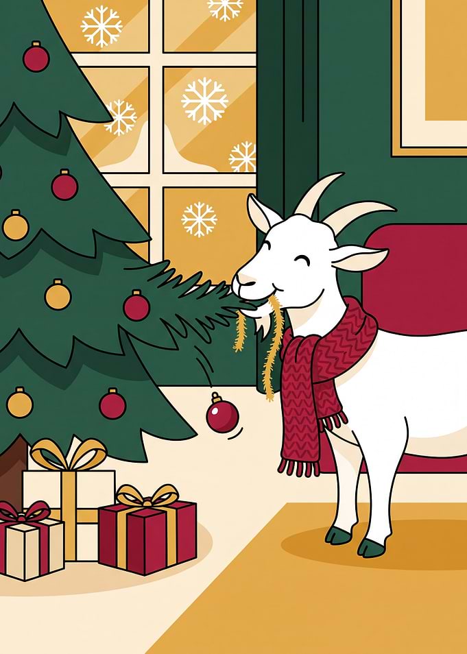 Cute Goat Eating Christmas Tree