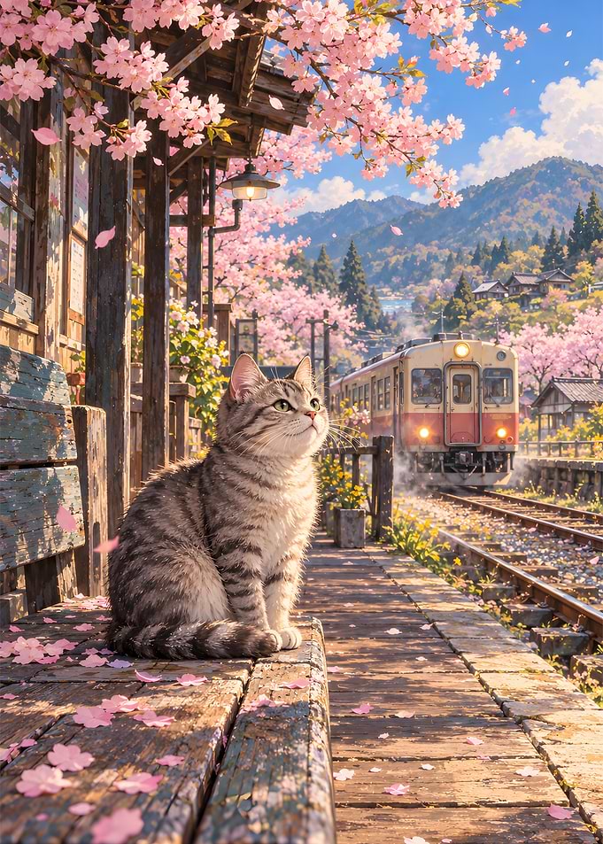 Tabby Cat Cherry Blossom Train Station Art