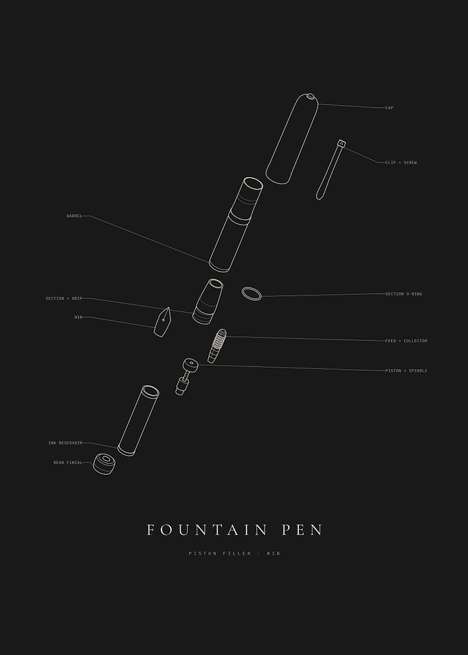 Fountain Pen Exploded View - Piston Filler Blueprint