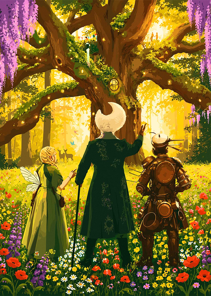 Fantasy Trio Before Ancient Tree