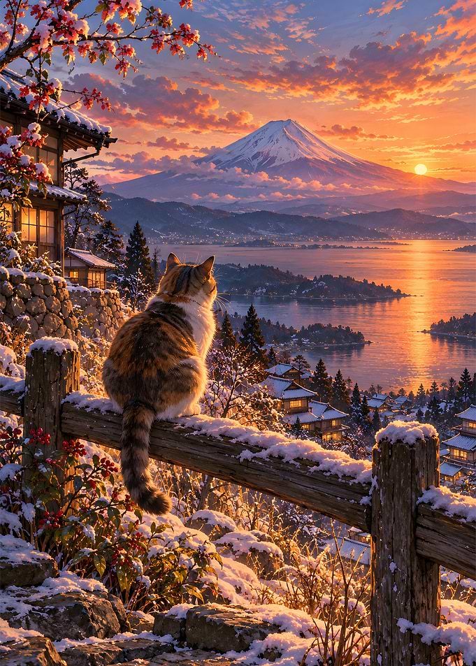 Cat Watching Volcano Sunset Lake Art