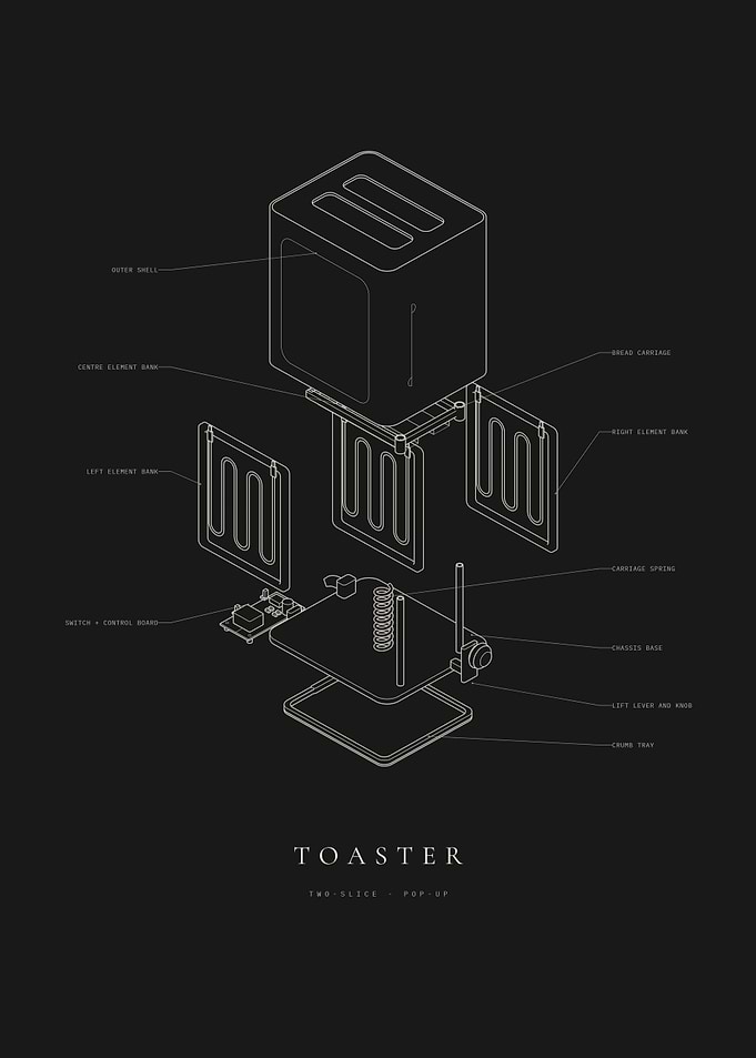 Two-Slice Pop-Up Toaster - Exploded View Blueprint