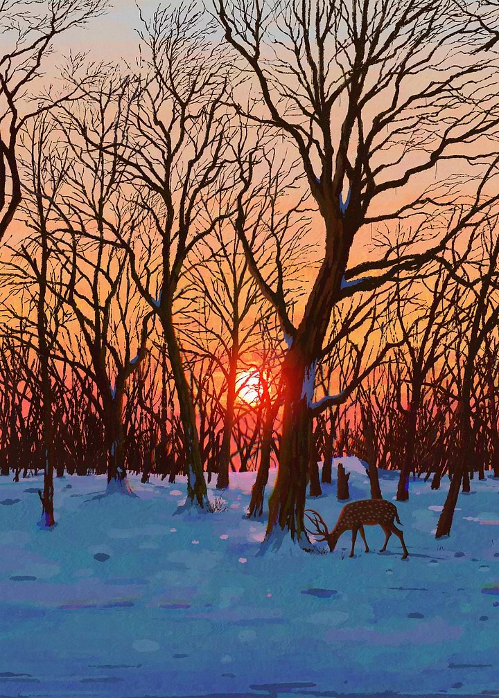 Deer in Snowy Winter Forest Sunset