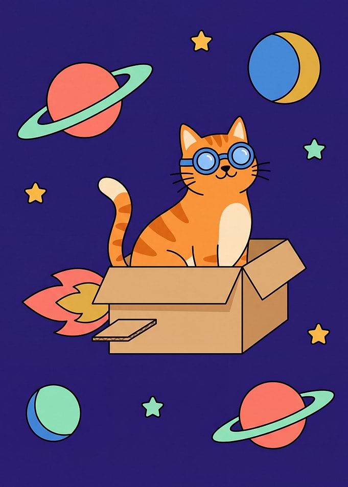 Cute Cat Astronaut in Cardboard Rocket