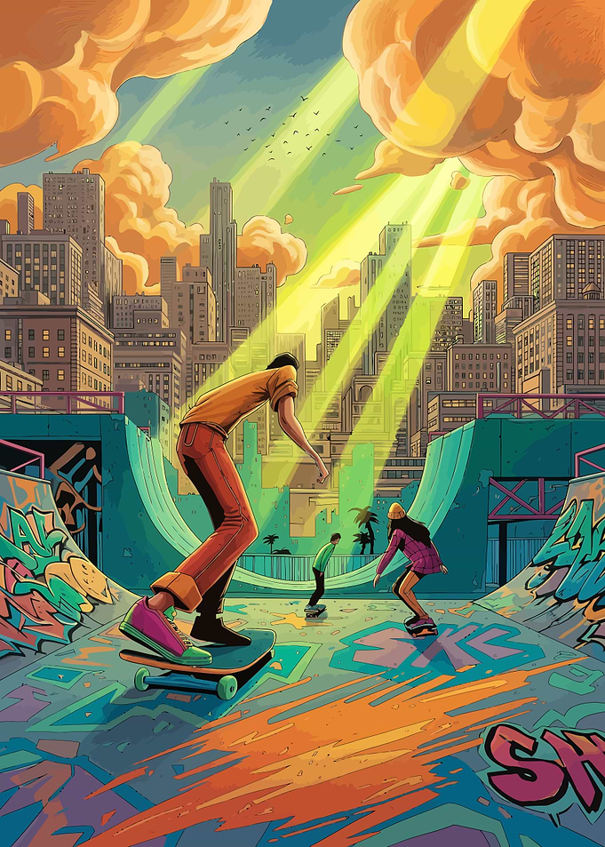 Skateboarders in a Vibrant Urban Skatepark