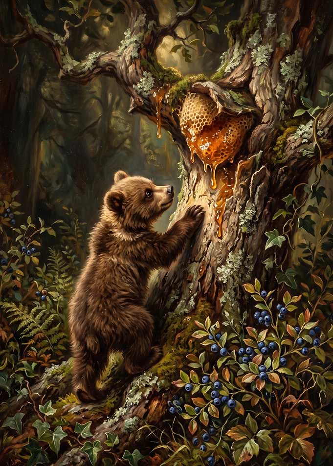 Cute Bear Cub Finding Honey