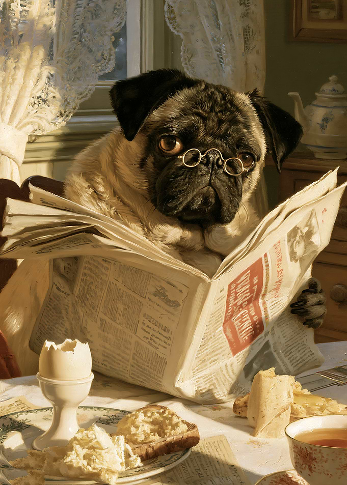 Pug Reading the Morning Paper