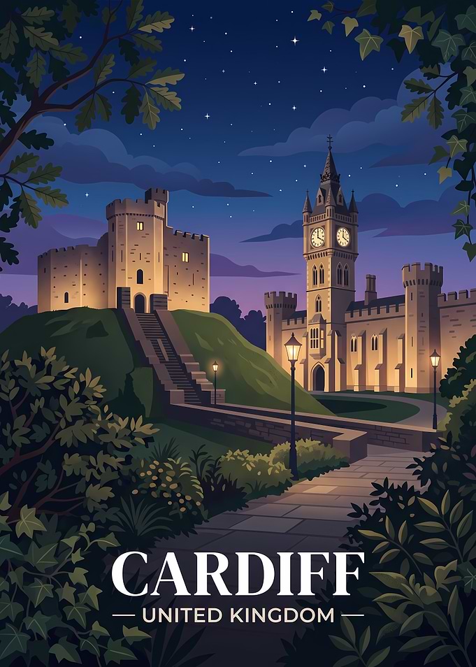 Cardiff Castle Night Travel Poster