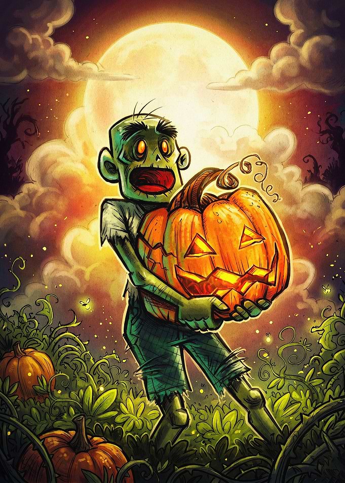 Zombie Pumpkin Halloween Horror Art