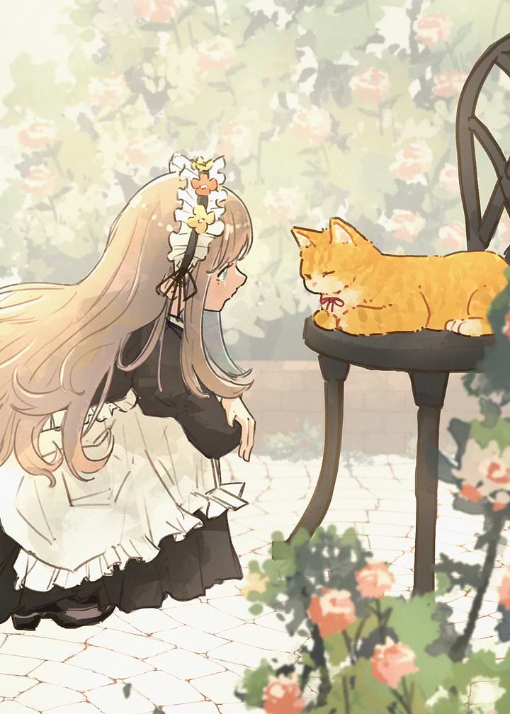 Maid and Ginger Cat in Garden