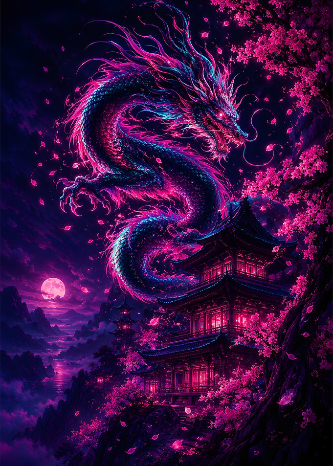 Sakura Dragon Over Pagoda Neon Art