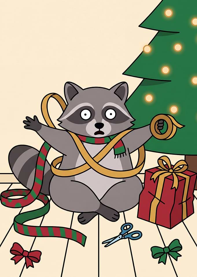 Cute Raccoon Wrapping Christmas Presents