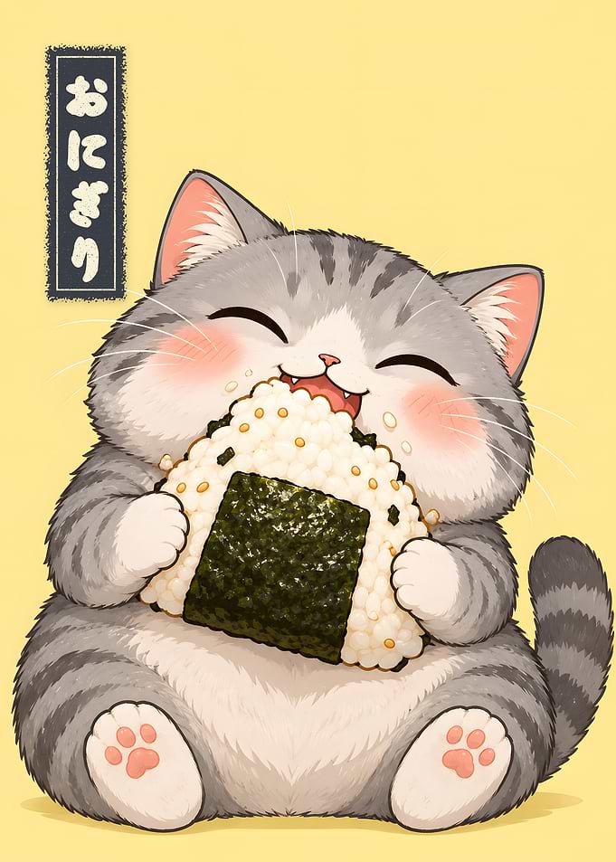Grey Cat Eating Onigiri Kawaii Poster