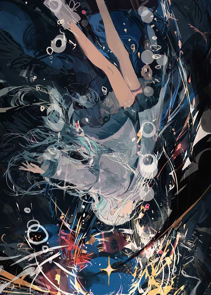 Anime Girl Falling Through Abstract Space