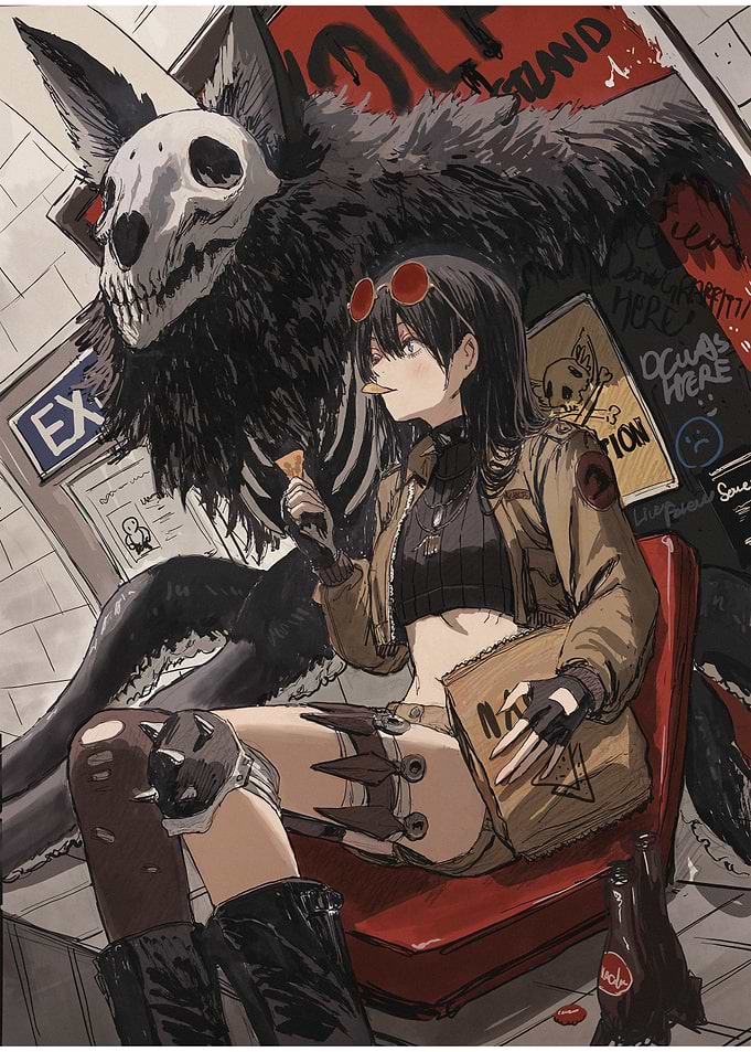Anime Girl with Skull Wolf Creature