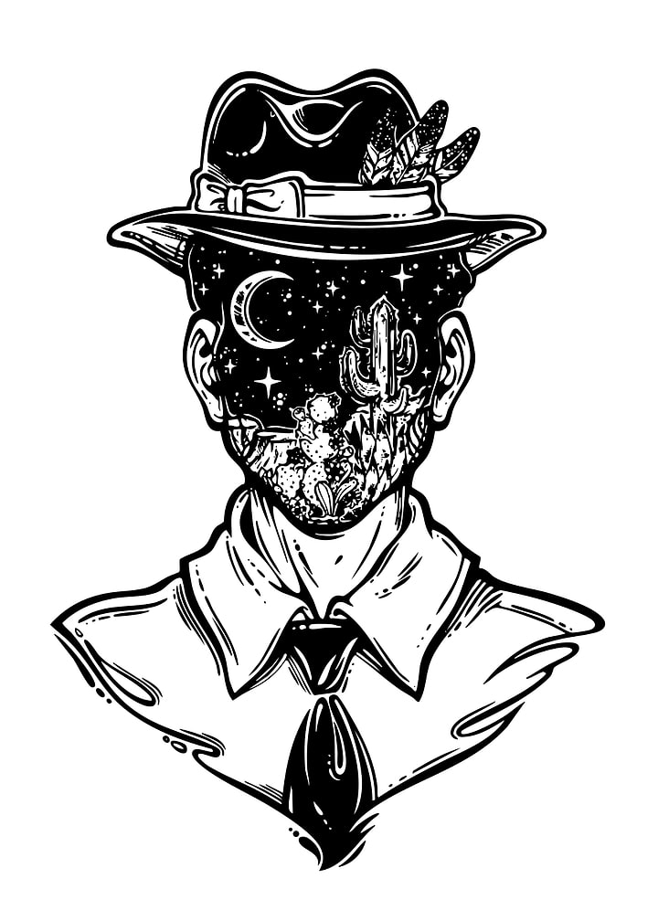 Surreal Desert Night Fedora Man Illustration
